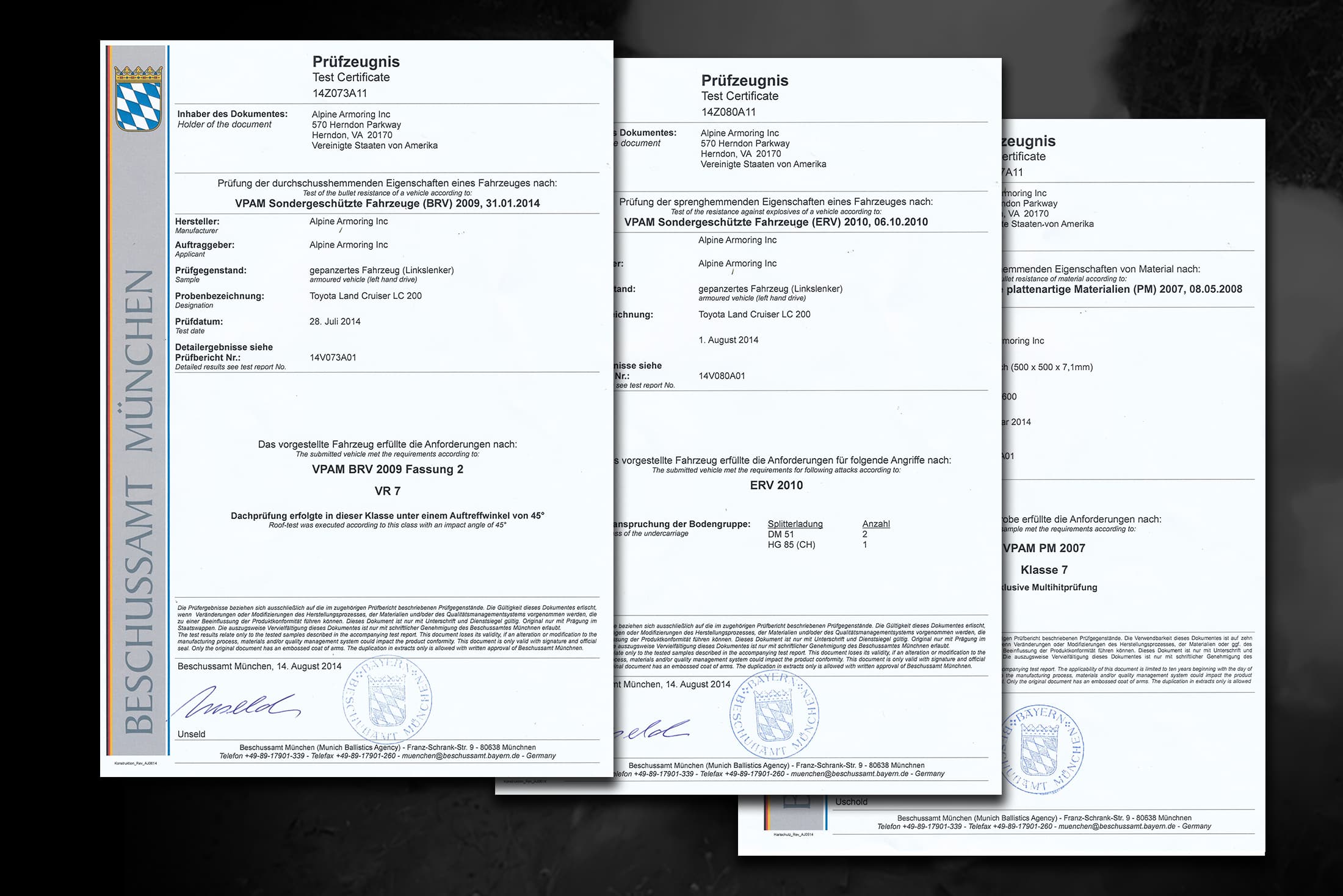 Beschussamt München VR7 certification documents for ArmoredVehicles.com's armored vehicles